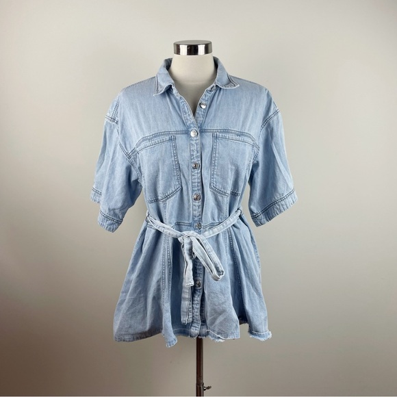 Free People We The Free Light Blue Denim Button Down Collared Mini Dress XS - Picture 1 of 6